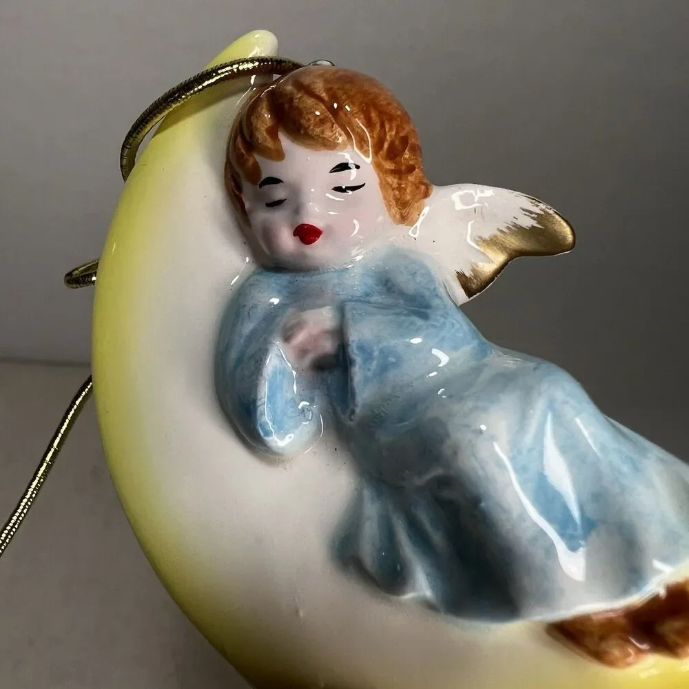 Vintage Pier 1 Japan Porcelain Sleeping Angel Christmas Ornament Blue Moon